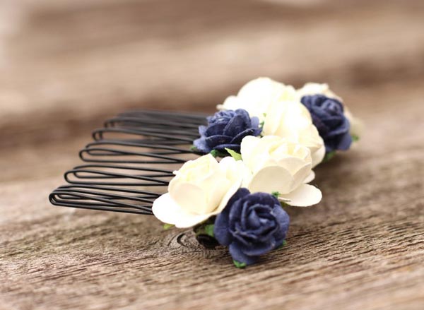 Navy Wedding Flower Hair Comb Blue Headpiece Bridal Flower Ivory